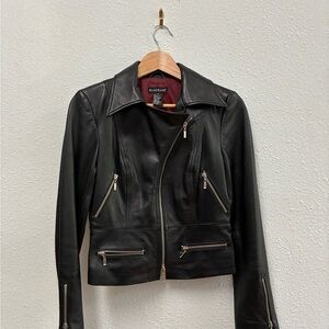 Bebe Black Leather Moto Jacket with Asymmetrical Zipper